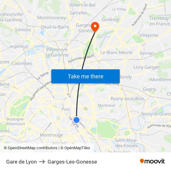 Gare de Lyon to Garges-Les-Gonesse map