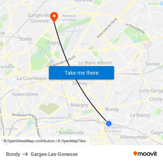 Bondy to Garges-Les-Gonesse map