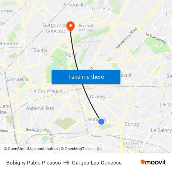 Bobigny Pablo Picasso to Garges-Les-Gonesse map