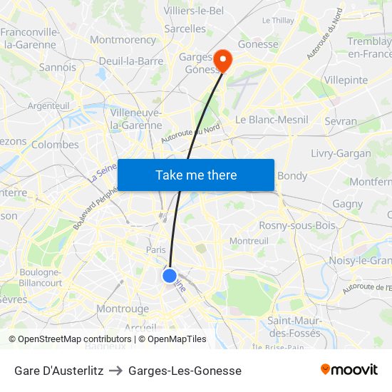 Gare D'Austerlitz to Garges-Les-Gonesse map