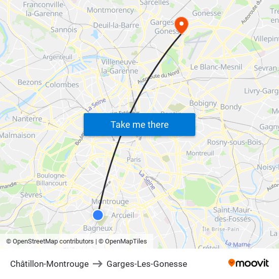 Châtillon-Montrouge to Garges-Les-Gonesse map
