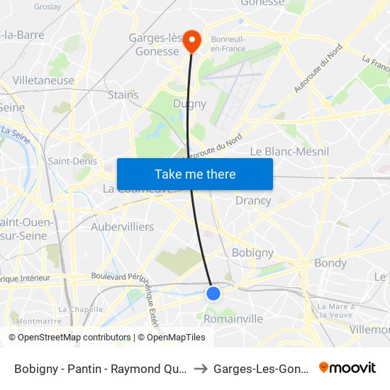 Bobigny - Pantin - Raymond Queneau to Garges-Les-Gonesse map