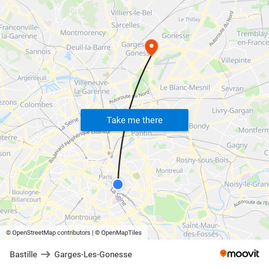 Bastille to Garges-Les-Gonesse map