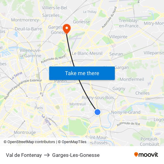 Val de Fontenay to Garges-Les-Gonesse map