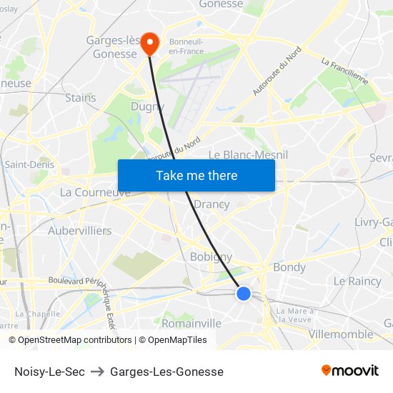 Noisy-Le-Sec to Garges-Les-Gonesse map