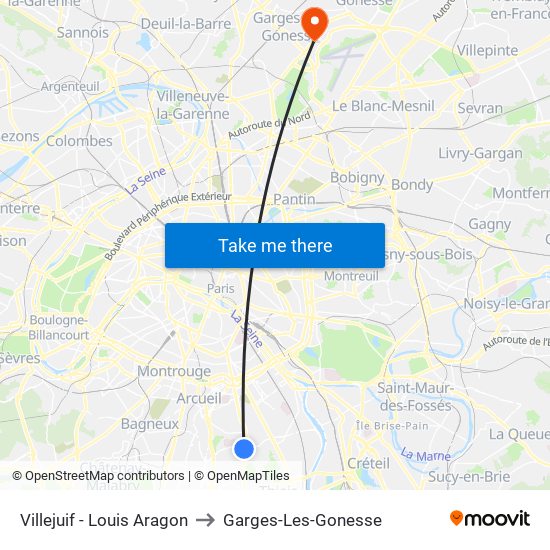 Villejuif - Louis Aragon to Garges-Les-Gonesse map