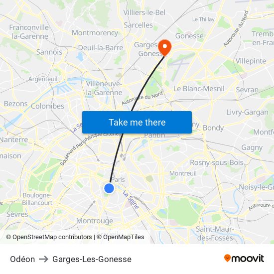 Odéon to Garges-Les-Gonesse map