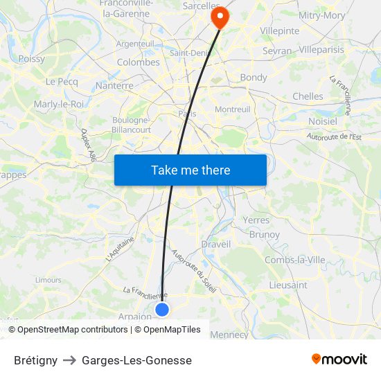 Brétigny to Garges-Les-Gonesse map