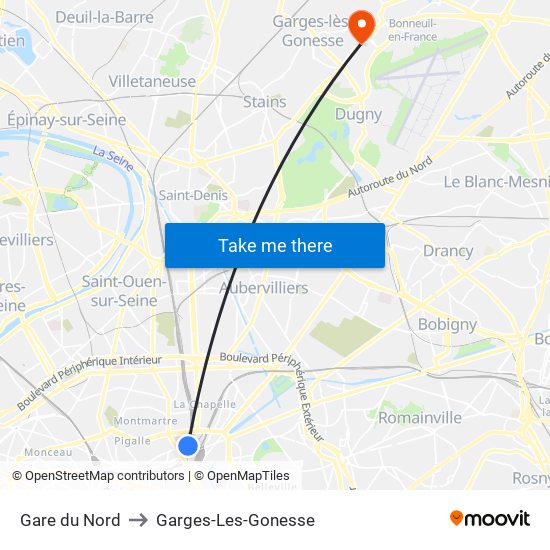 Gare du Nord to Garges-Les-Gonesse map