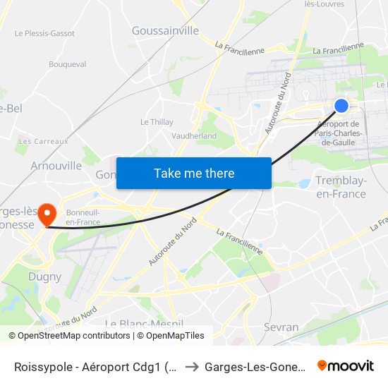 Roissypole - Aéroport Cdg1 (D3) to Garges-Les-Gonesse map