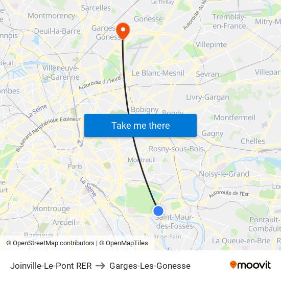 Joinville-Le-Pont RER to Garges-Les-Gonesse map