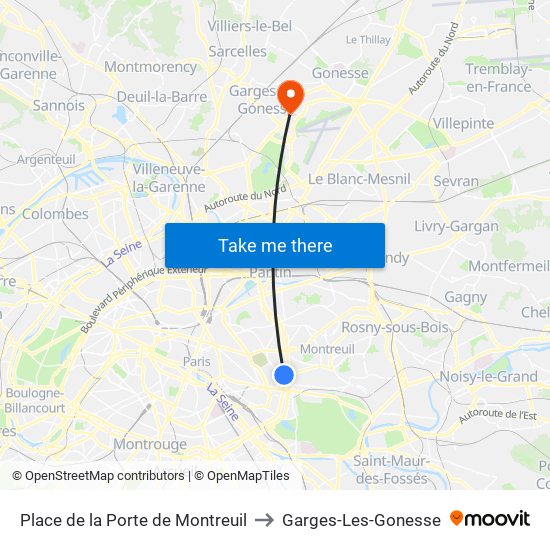Place de la Porte de Montreuil to Garges-Les-Gonesse map