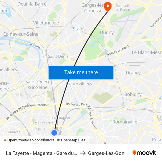 La Fayette - Magenta - Gare du Nord to Garges-Les-Gonesse map