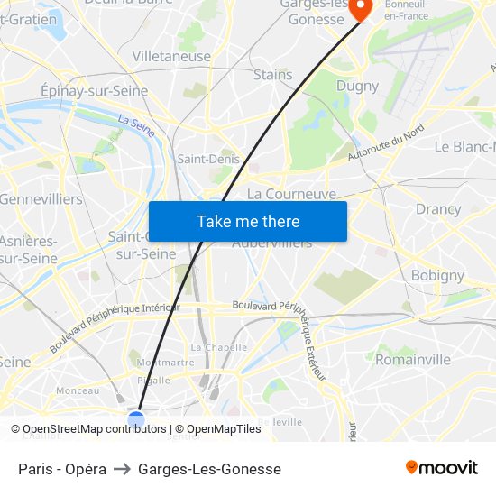 Paris - Opéra to Garges-Les-Gonesse map