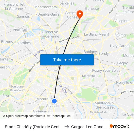 Stade Charléty (Porte de Gentilly) to Garges-Les-Gonesse map