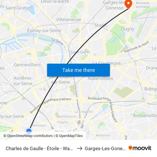Charles de Gaulle - Étoile - Wagram to Garges-Les-Gonesse map