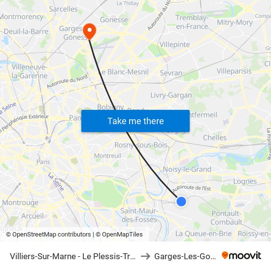 Villiers-Sur-Marne - Le Plessis-Trévise RER to Garges-Les-Gonesse map