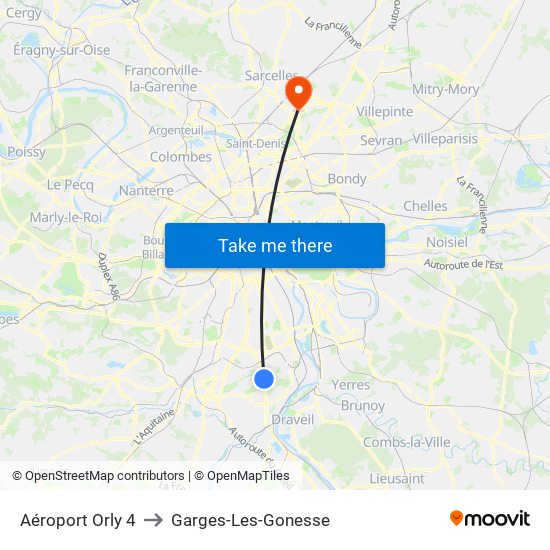 Aéroport Orly 4 to Garges-Les-Gonesse map