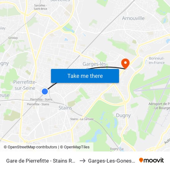 Gare de Pierrefitte - Stains RER to Garges-Les-Gonesse map