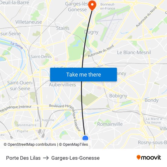 Porte Des Lilas to Garges-Les-Gonesse map