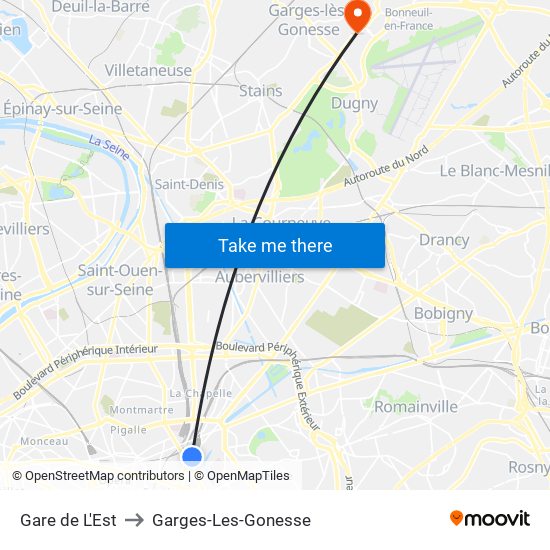 Gare de L'Est to Garges-Les-Gonesse map