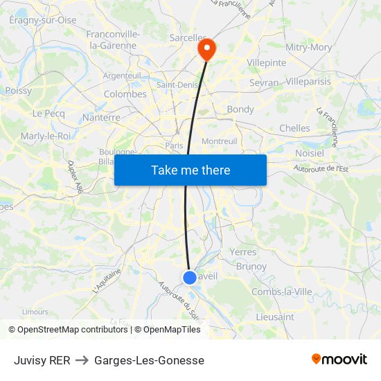 Juvisy RER to Garges-Les-Gonesse map