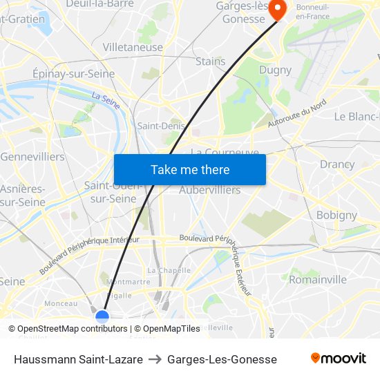 Haussmann Saint-Lazare to Garges-Les-Gonesse map