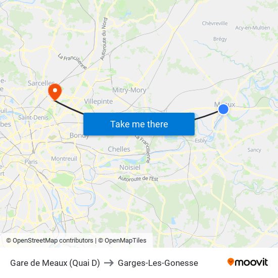 Gare de Meaux (Quai D) to Garges-Les-Gonesse map