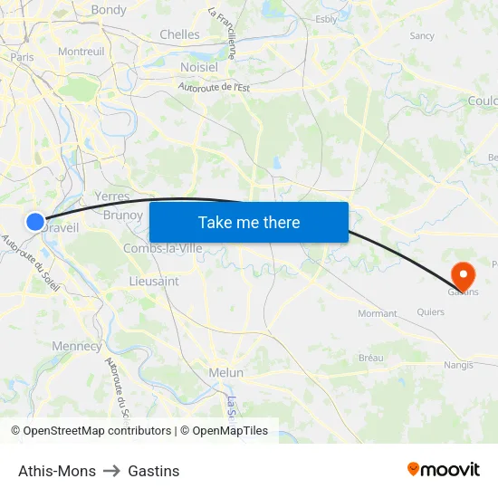 Athis-Mons to Gastins map