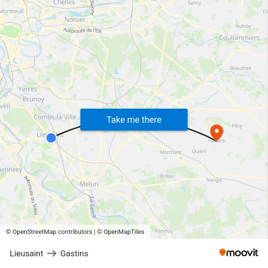 Lieusaint to Gastins map