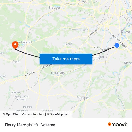 Fleury-Merogis to Gazeran map