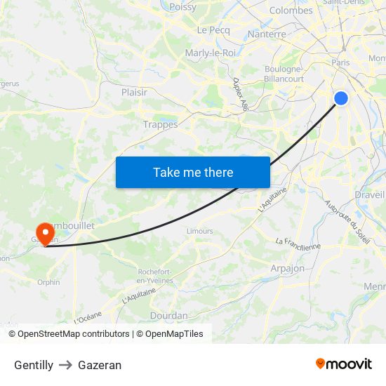 Gentilly to Gazeran map