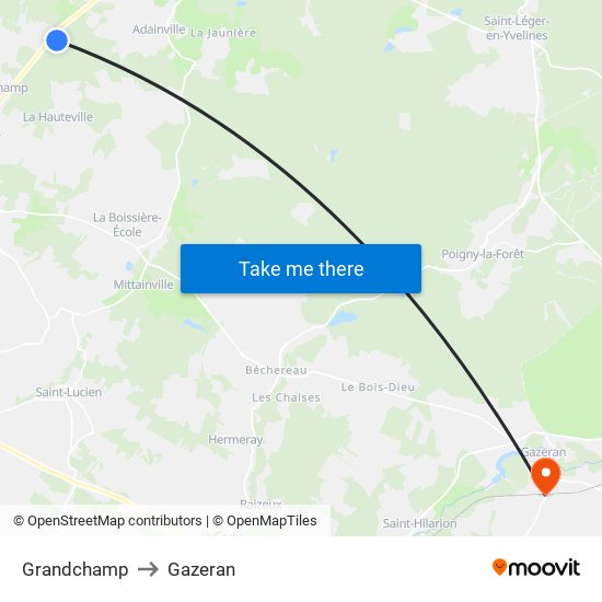 Grandchamp to Gazeran map