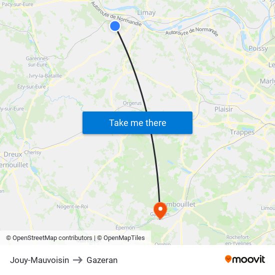 Jouy-Mauvoisin to Gazeran map