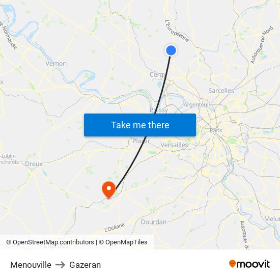Menouville to Gazeran map