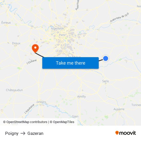 Poigny to Gazeran map