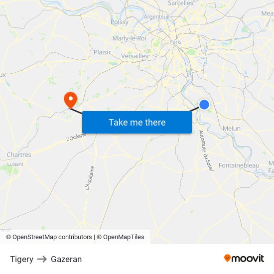 Tigery to Gazeran map