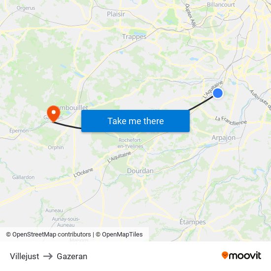 Villejust to Gazeran map