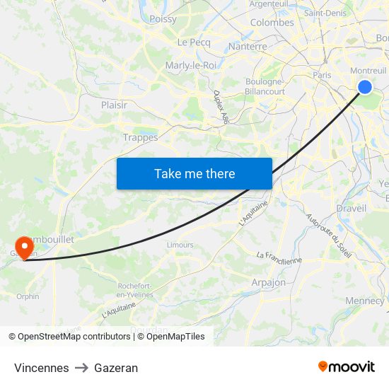 Vincennes to Gazeran map