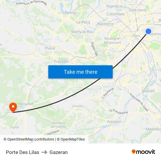 Porte Des Lilas to Gazeran map
