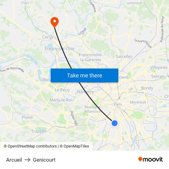 Arcueil to Genicourt map