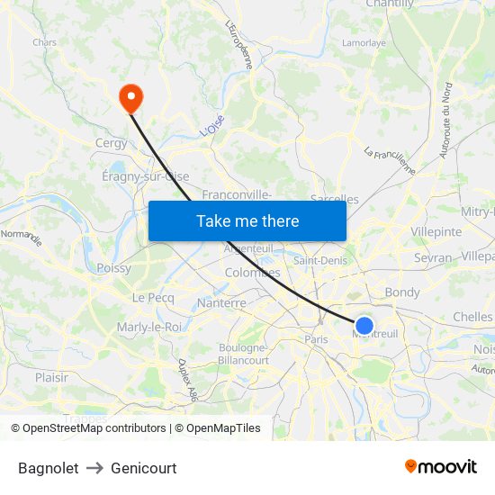 Bagnolet to Genicourt map