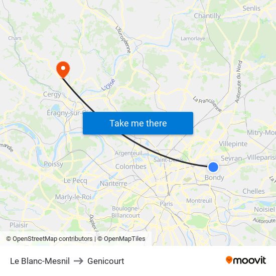 Le Blanc-Mesnil to Genicourt map