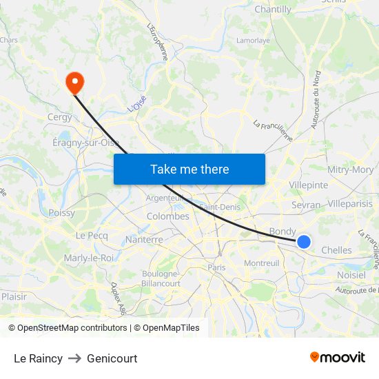 Le Raincy to Genicourt map
