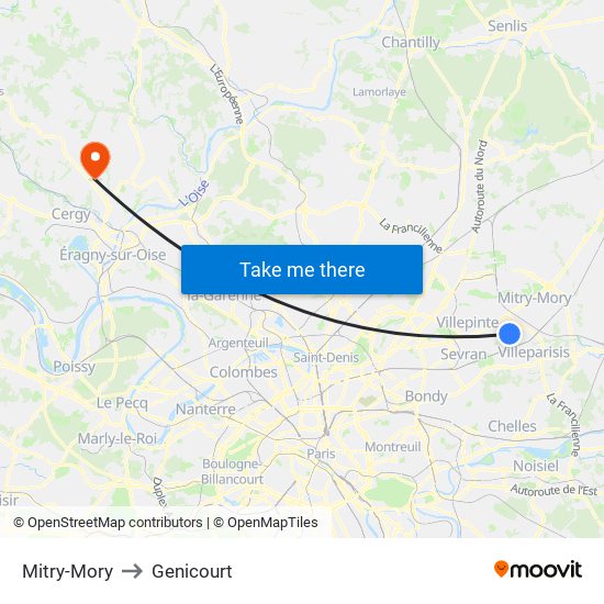 Mitry-Mory to Genicourt map