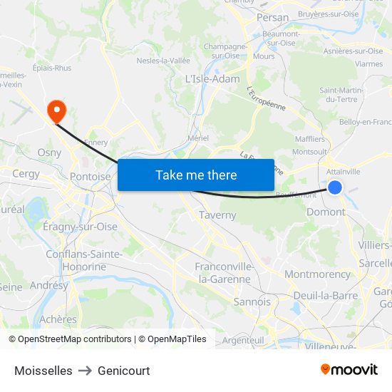Moisselles to Genicourt map