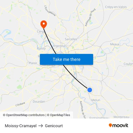 Moissy-Cramayel to Genicourt map