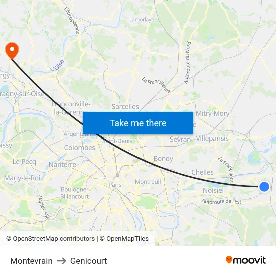 Montevrain to Genicourt map