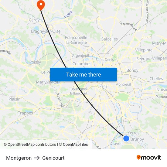 Montgeron to Genicourt map