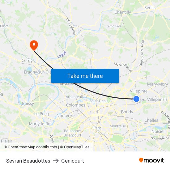 Sevran Beaudottes to Genicourt map